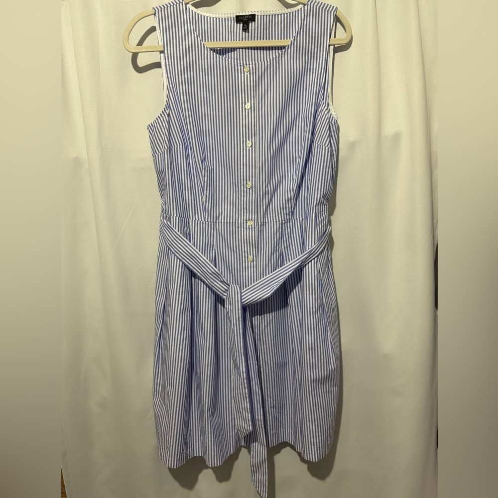 TALBOT’S POPLIN FIT & FLARE DRESS - BREEZE STRIPE BLUE WHITE SIZE 12P NWT